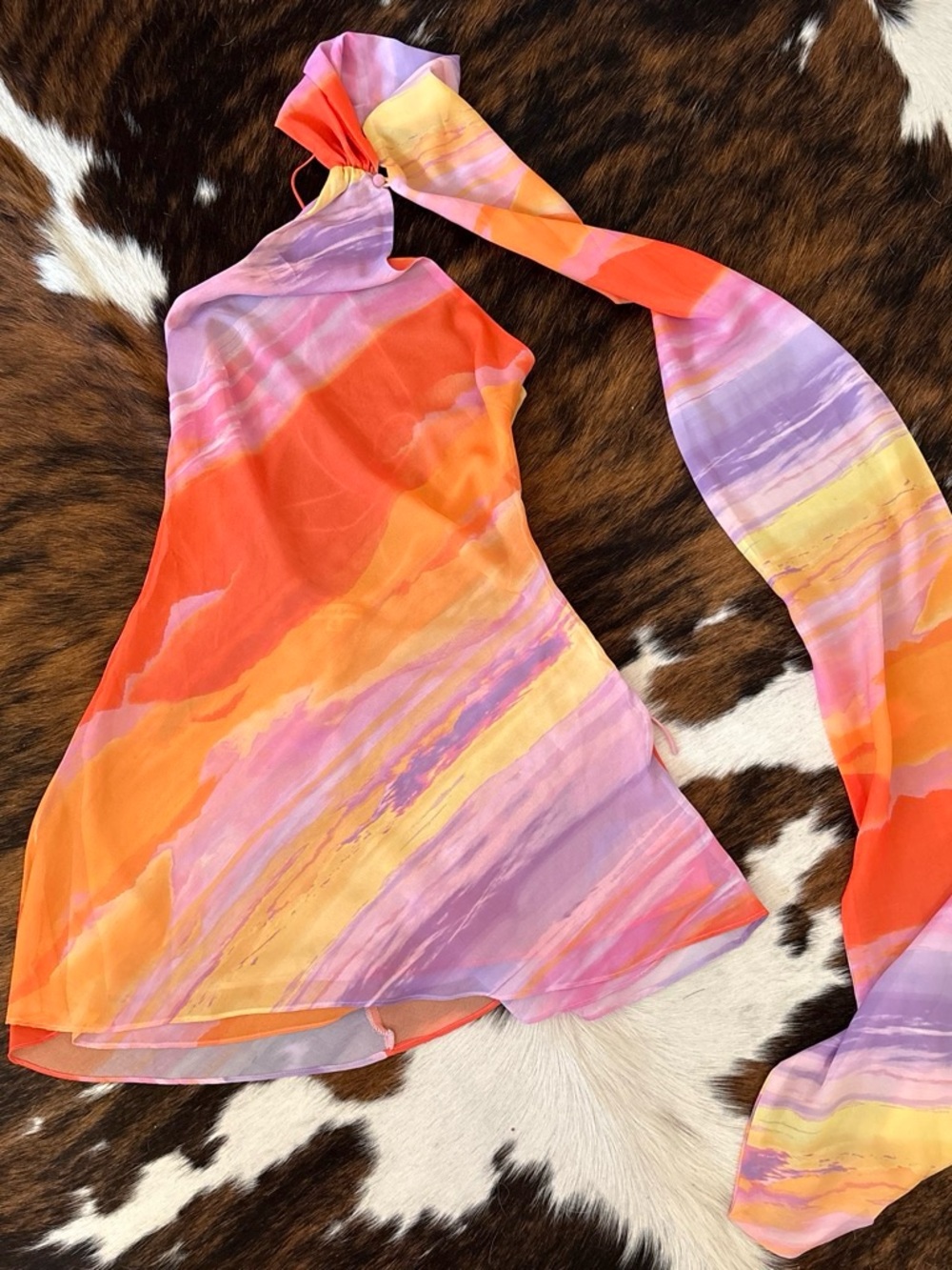 For Love & Lemons Halter Mini Dress in Orange, Pink & Purple